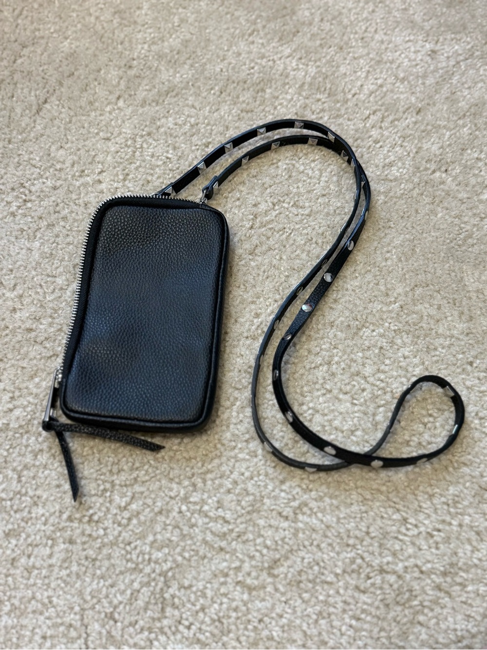 Bandolier Black Pebbled Leather Crossbody Wallet with Studded Strap